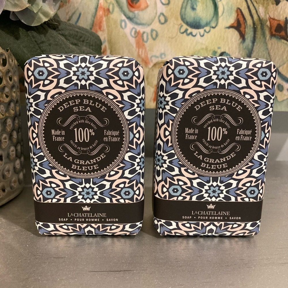 La chatelaine Deep Blue Sea Soap enriched with shea butter. Two 8.8 oz bars.